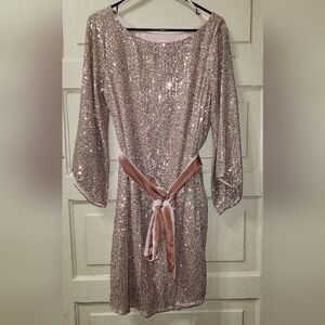 Anthropologie STARLING Sequined Tunic Rose Gold Dress W/ Velvet Sash/Belt
